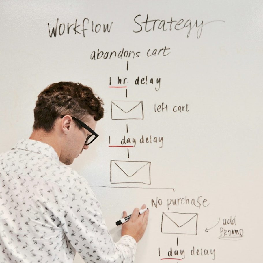 Mann schreibt an eine Tafel mit einem Diagramm zum Workflow und Strategien.